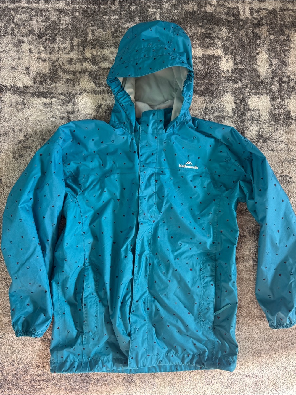 Kathmandu Teal Hooded Shell/rain Jacket with Black Triangle Print